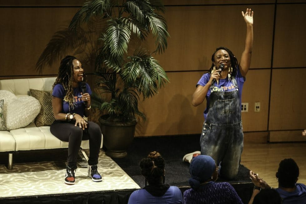 Morgan Dixon and Vanessa Garrison in 2018 at GirlTrek’s #RoadtoSelma, a national, 20-city wellness tour. Courtesy GirlTrek Flickr